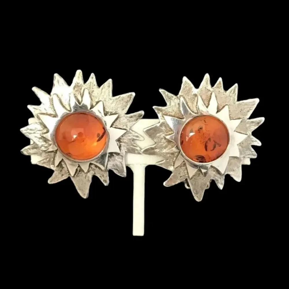 Vintage 1970s Clip Earrings Sterling Silver 925 Natural Amber Sunburst - 1F